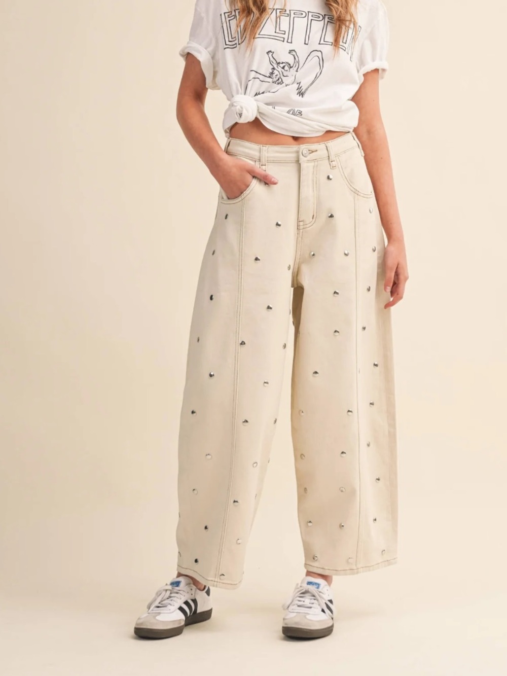 Kelsis Cream Studded Barrel Jeans